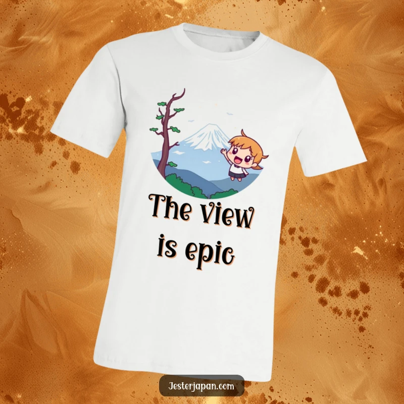 Funny t-shirt with a character enthusiastically pointing at a stylized Mount Fuji in the distance, perfect for travelers.