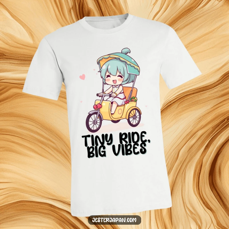 Funny t-shirt depicting a character happily riding a tiny, decorated rickshaw, embodying the spirit of playful urban journeys.