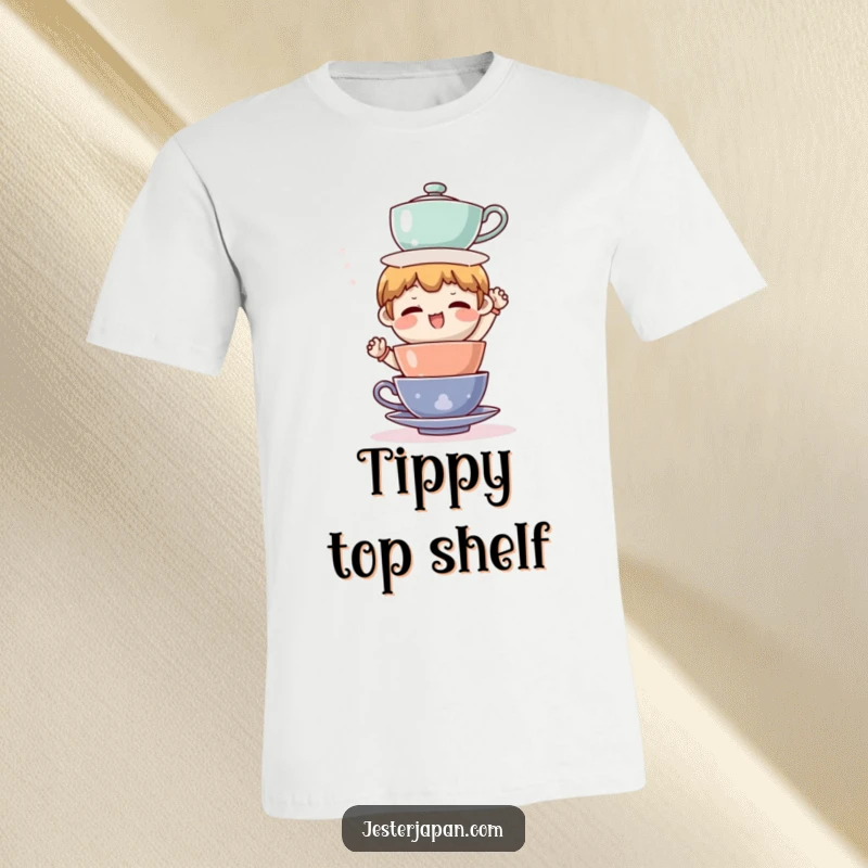 Funny t-shirt with a character hilariously trying to balance a tall stack of teacups, illustrating comical precariousness and effort.