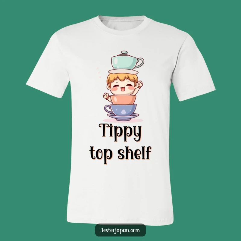 Funny Tea Cup Tower T-Shirt - Comical Character Tee for Humor Lovers
