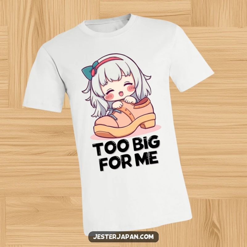 Funny t-shirt featuring a character with rosy cheeks hilariously attempting to wear a giant geta shoe, emphasizing clumsiness.