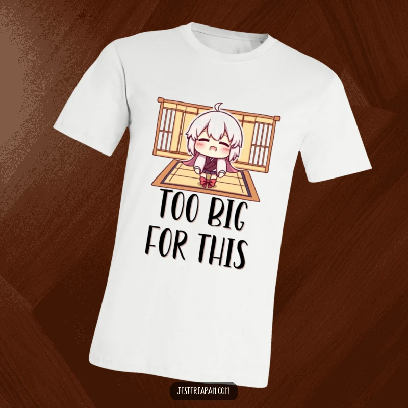 Funny t-shirt featuring a character comically trying to squeeze onto a tiny Tatami mat, capturing a humorous predicament.