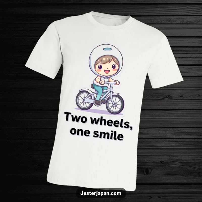 Funny T-Shirt: Character beaming with a smile, joyfully riding a small, playful bicycle.
