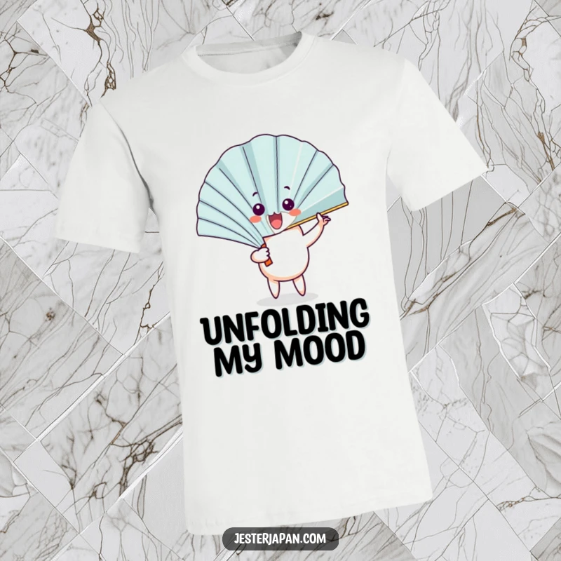 Funny Fan T-Shirt: A happy fan character unfurls with a flourish, revealing a surprised face in this humorous design.
