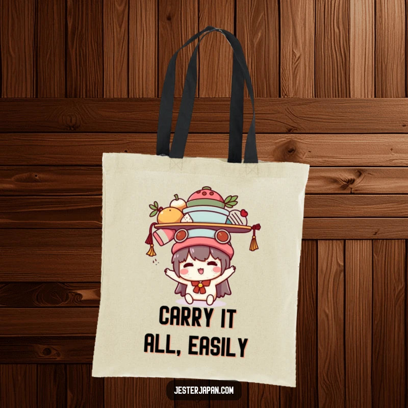 Funny Kawaii tote bag featuring a cute character attempting to balance items, representing a humorous take on managing life's demands.