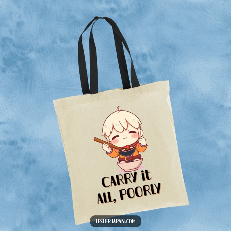 Funny tote bag illustrating a character comically failing to grip enormous chopsticks, great for shopping trips.