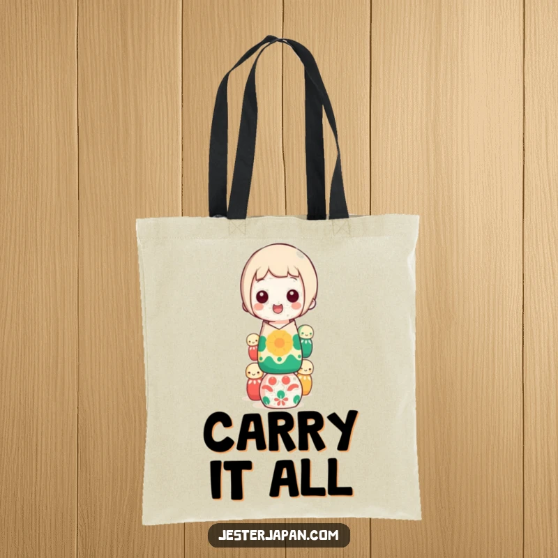 Funny kokeshi doll balancing tote bag, depicting a happy character stacking colorful dolls, a practical and funny gift.