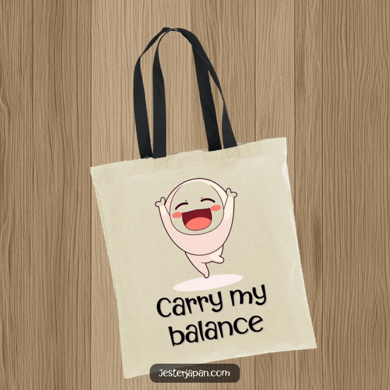 Funny tote bag with a floating Daruma doll character joyfully doing a handstand, great for carrying items.