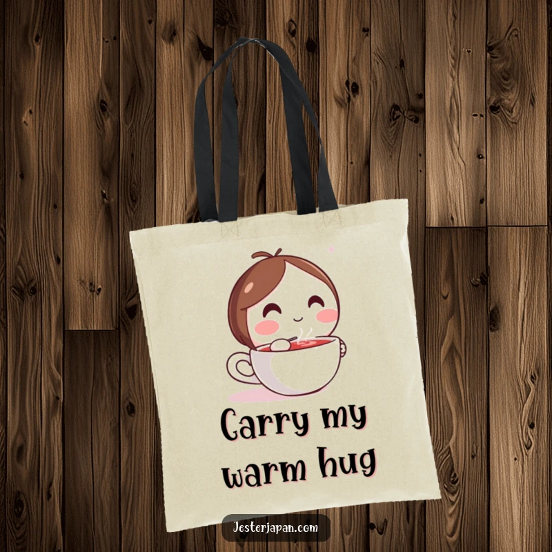 Funny tote bag featuring a Kawaii character happily sipping a hot drink, ideal for carrying daily essentials.