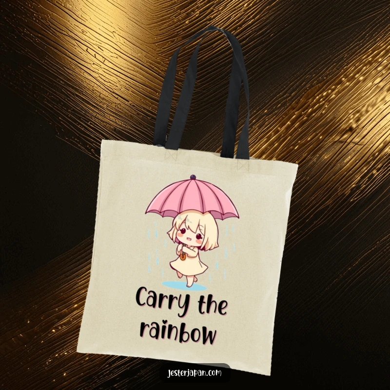 Funny Tiny Dancer Tote Bag: Cute tiny character dancing in the rain with a miniature umbrella, perfect for carrying essentials with playful charm.