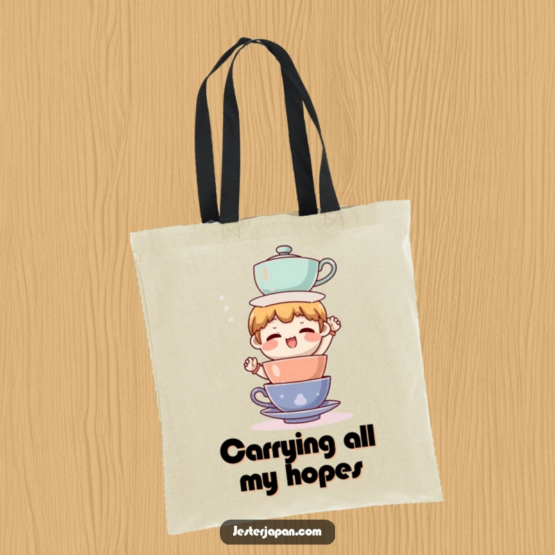 Funny tote bag showcasing a character struggling to balance a towering stack of teacups, a humorous and relatable design.