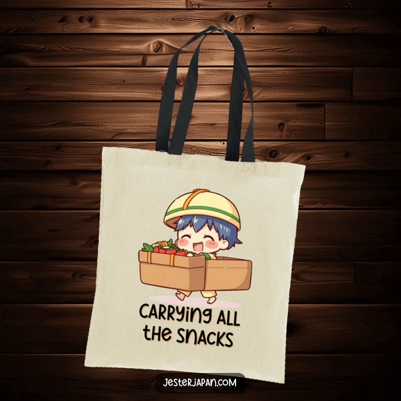 Funny tote bag illustrating a character comically struggling to balance a massive bento box, perfect for carrying essentials with a humorous food theme.