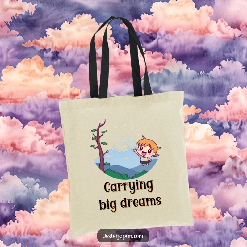 Funny tote bag with a character excitedly pointing at a stylized Mount Fuji, ideal for travel and daily use.