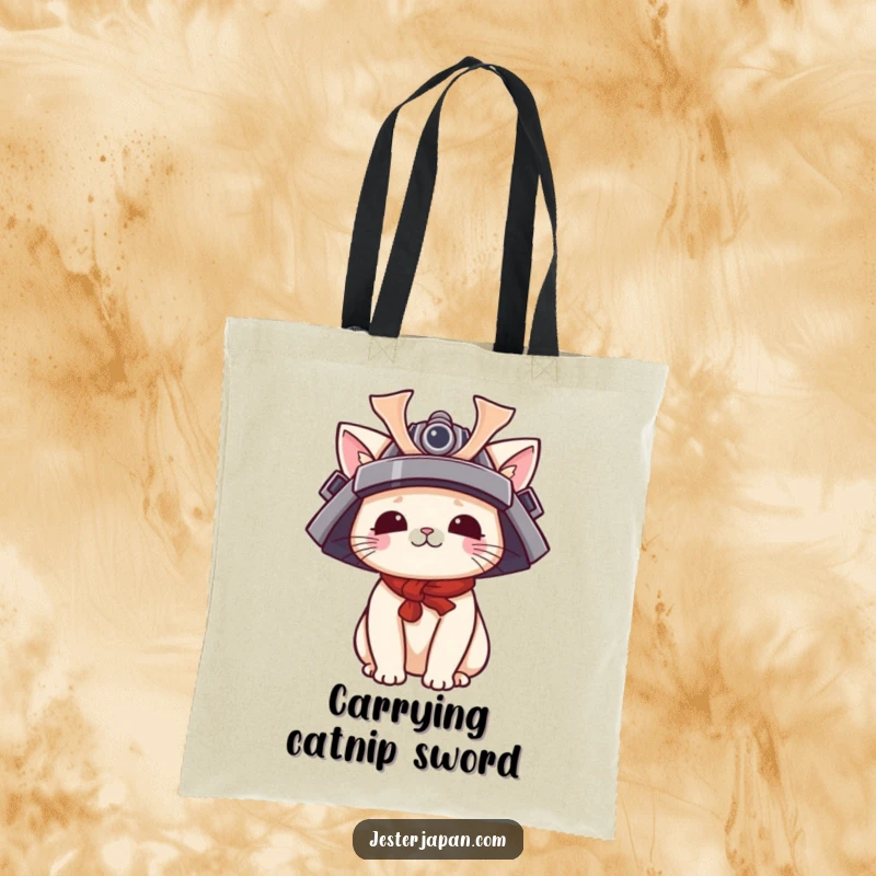 Funny Kawaii cat samurai tote bag showcasing a cute character playfully wearing a tiny samurai helmet, ideal for stylish and fun errands.