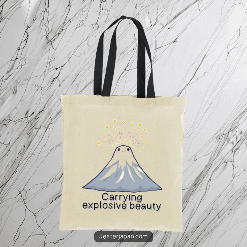 Funny tote bag showcasing a tiny Mount Fuji character in mid-sparkle eruption, a delightful and practical accessory.