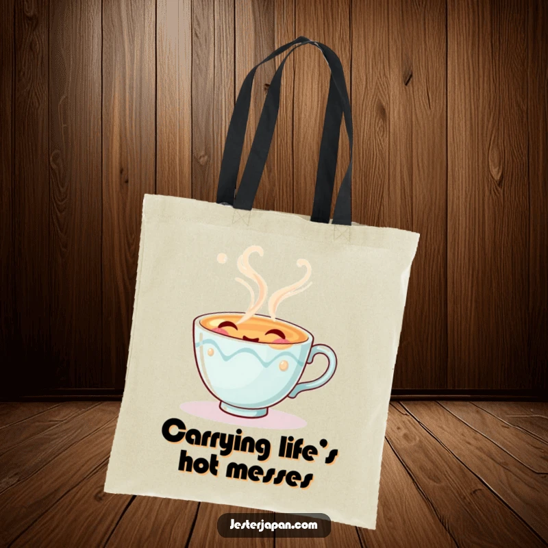 Funny tote bag with a charming tea cup character happily exhaling pretend steam, embodying a peaceful, contented sigh.