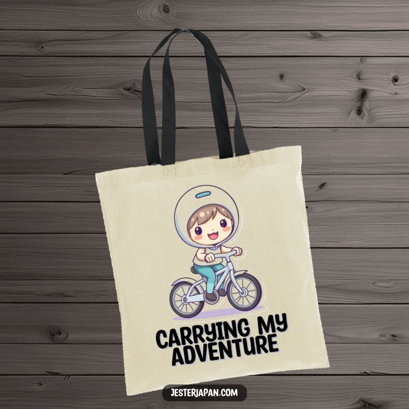 Funny Tote Bag: Character with a bright smile, riding a small, playful bicycle.