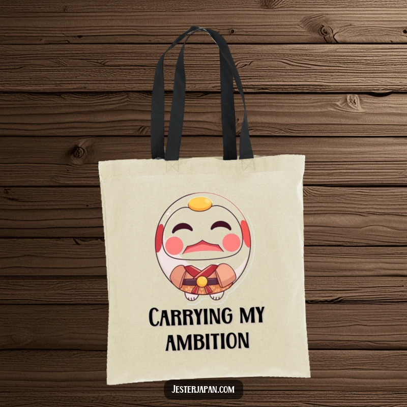 Funny Daruma Kimono Tote Bag showcasing a resolute Daruma doll wearing a small, charming kimono, ready for any task.