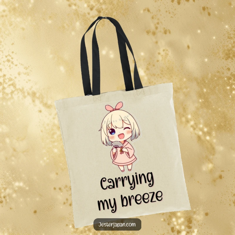 Funny tote bag illustration of a character enthusiastically waving a small paper fan, symbolizing the spread of joy and good energy.