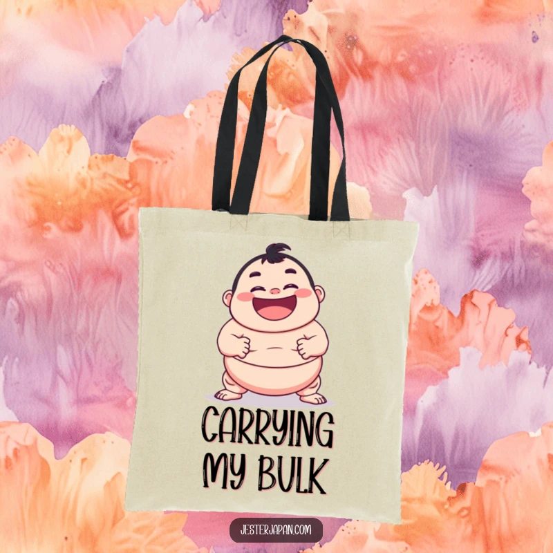 Funny tote bag featuring a character with a wide grin in a dynamic sumo pose, ready to carry your items with humor.