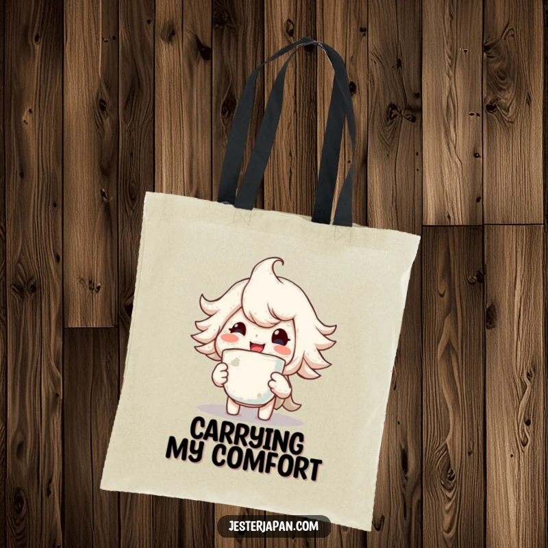 Funny tote bag with a character sporting a huge smile while holding a steaming cup, perfect for carrying daily items.