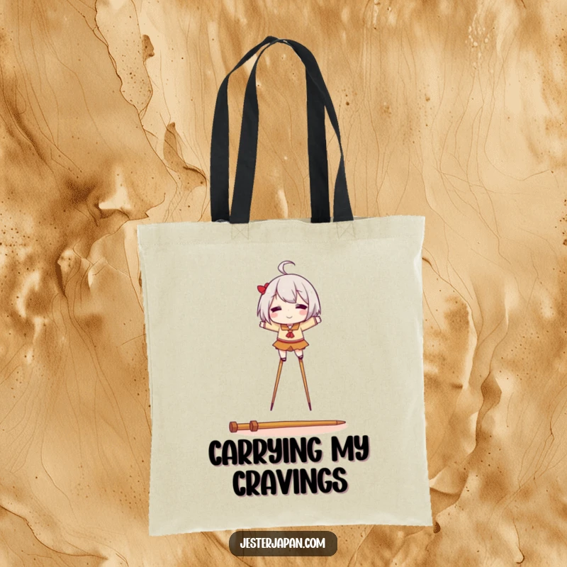 Funny tote bag depicting a character confidently balancing on stilts made of chopsticks, ideal for carrying daily essentials with humor.