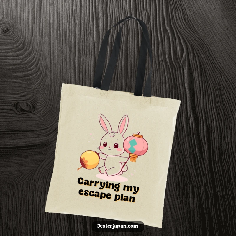 Funny tote bag depicting a cute bunny character playfully pursuing a glowing festival lantern, emphasizing whimsical adventure and practicality.