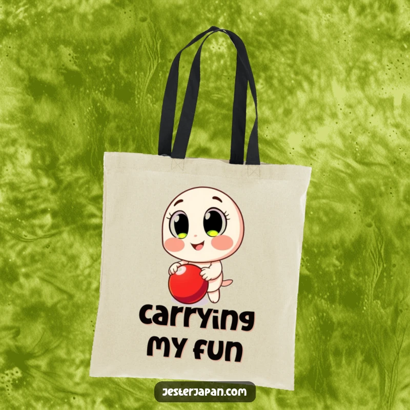 Funny Tote Bag: Character with big, smiling eyes, gleefully bouncing a bright red ball.
