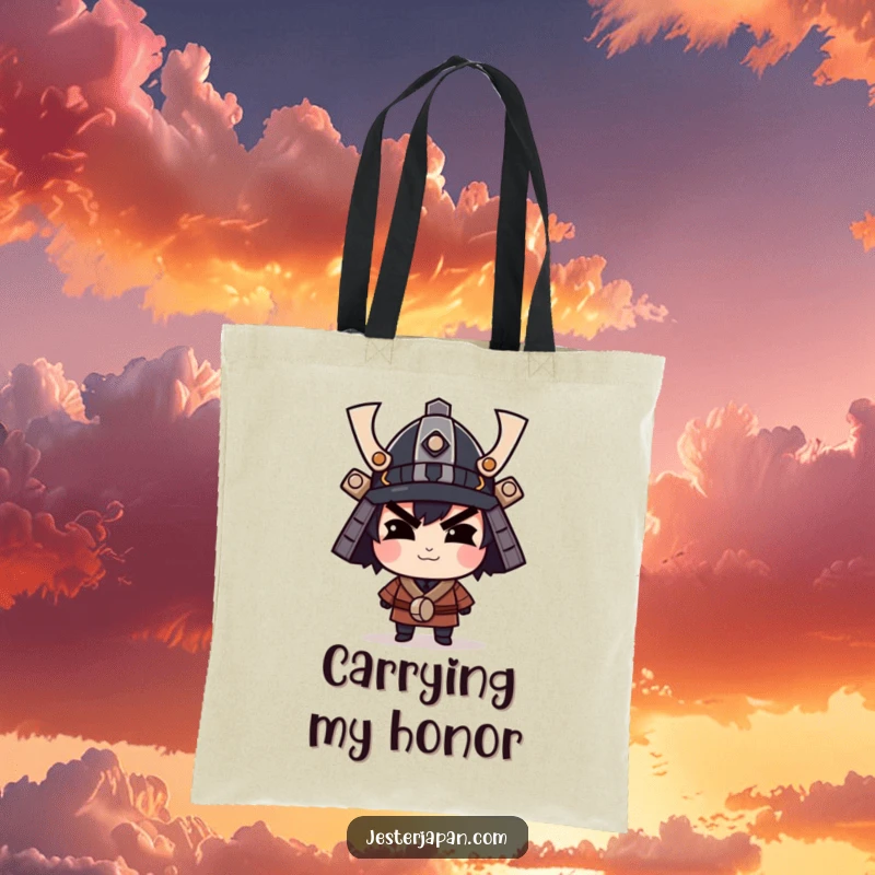 Funny tote bag with a character smirking confidently under a tiny samurai helmet, perfect for carrying essentials with attitude.