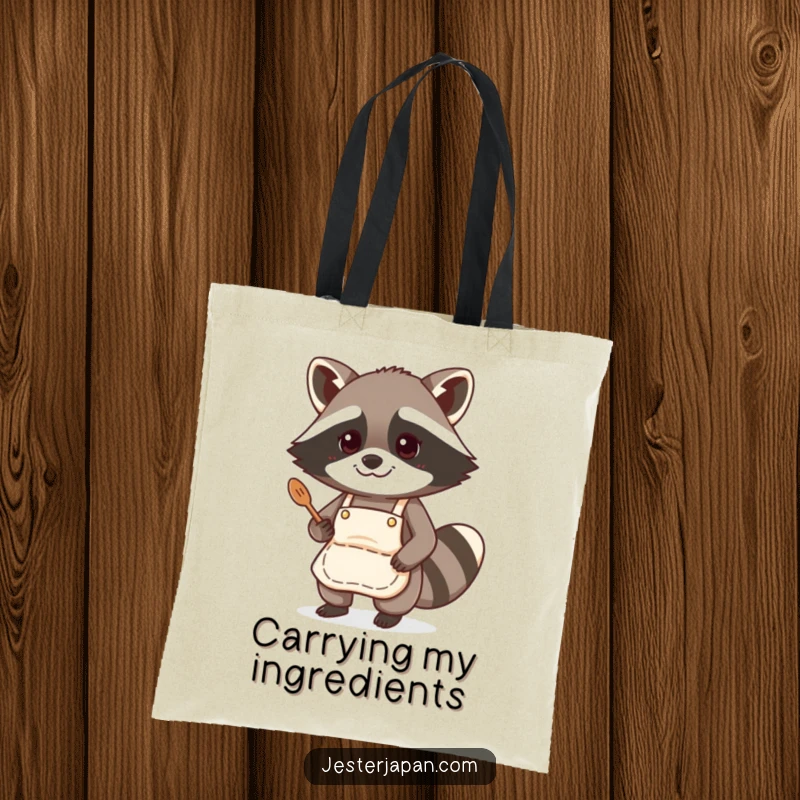 Funny tote bag with a raccoon wearing an apron, cooking, ideal for market trips and carrying kitchen supplies.
