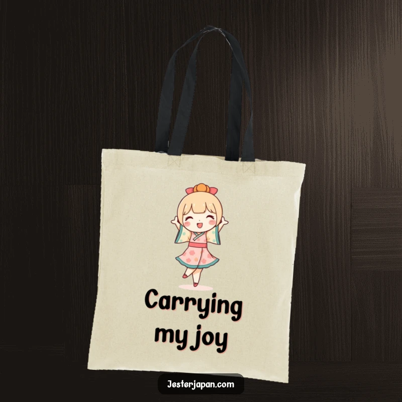 Funny Kokeshi Doll Tote Bag: A cute Kokeshi doll performs a joyful pirouette, perfect for carrying essentials with style.