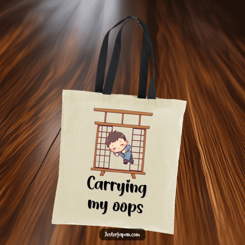 Funny tote bag illustration of a chibi character comically tripping over a Shoji screen, symbolizing a humorous, relatable mishap.