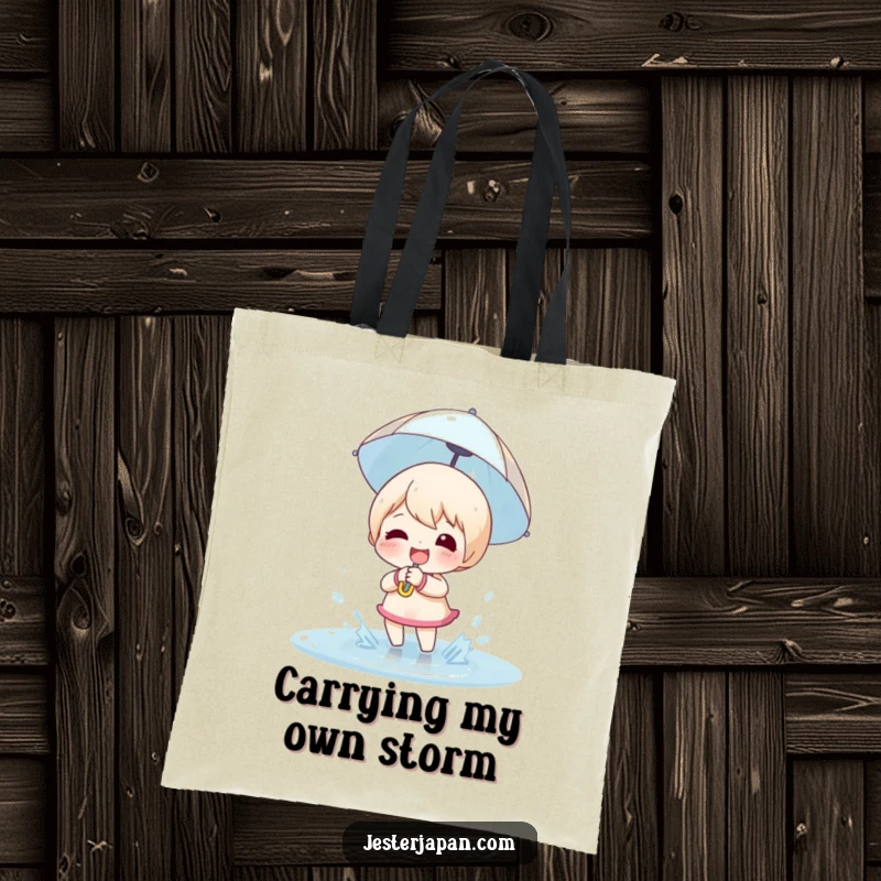 Funny Tote Bag: Character with a tiny umbrella, joyfully splashing in a puddle, smiling brightly.