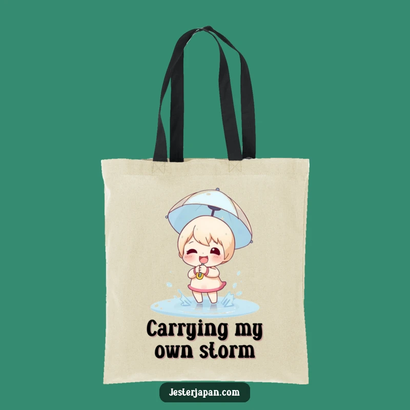 Funny Puddle Splashing Tote Bag: Carry Joy with Character's Umbrella Design