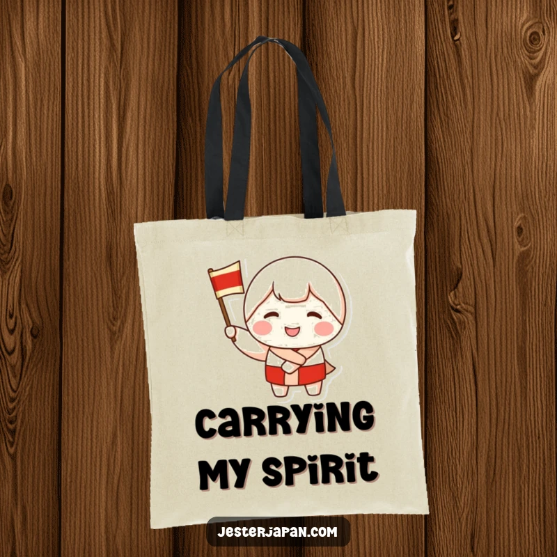 Funny tote bag featuring a smiling Kokeshi doll character waving a flag, ideal for shopping and carrying items with a cheerful, celebratory vibe.