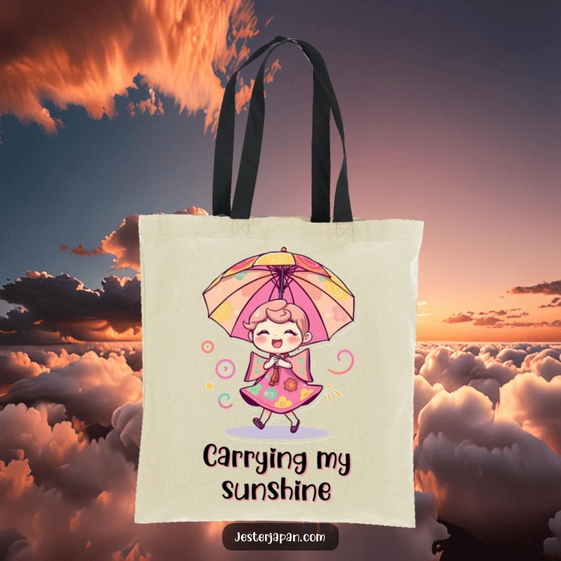 Funny tote bag with a cheerful umbrella character dancing enthusiastically with dynamic swirling colorful patterns.