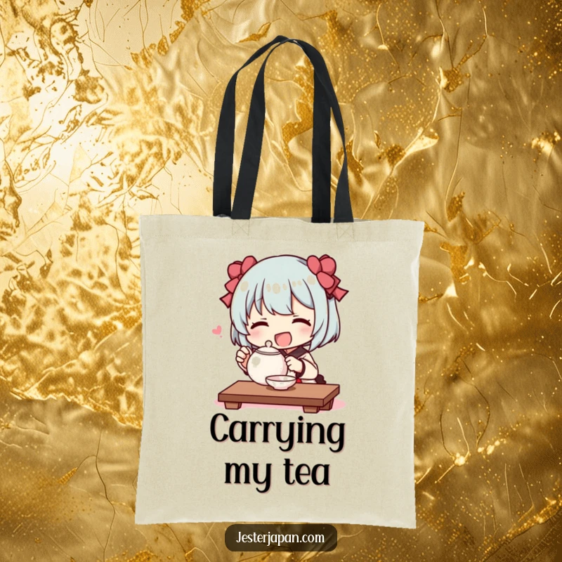 Funny tote bag illustration of a character joyfully performing a tiny tea ceremony with a minuscule teapot, symbolizing peaceful fun.