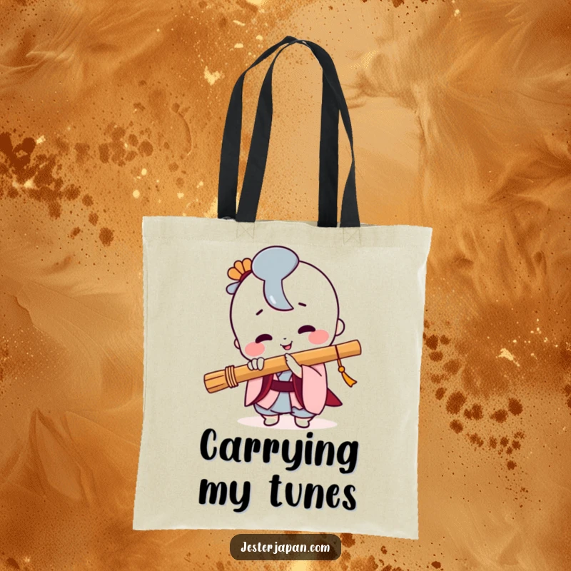 Funny Kawaii tote bag depicting a smiling character skillfully playing a traditional Japanese flute with evident joy.