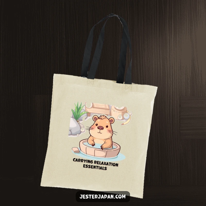 Funny tote bag with a capybara enjoying a hot spring bath, ideal for carrying essentials with a relaxed and humorous vibe.
