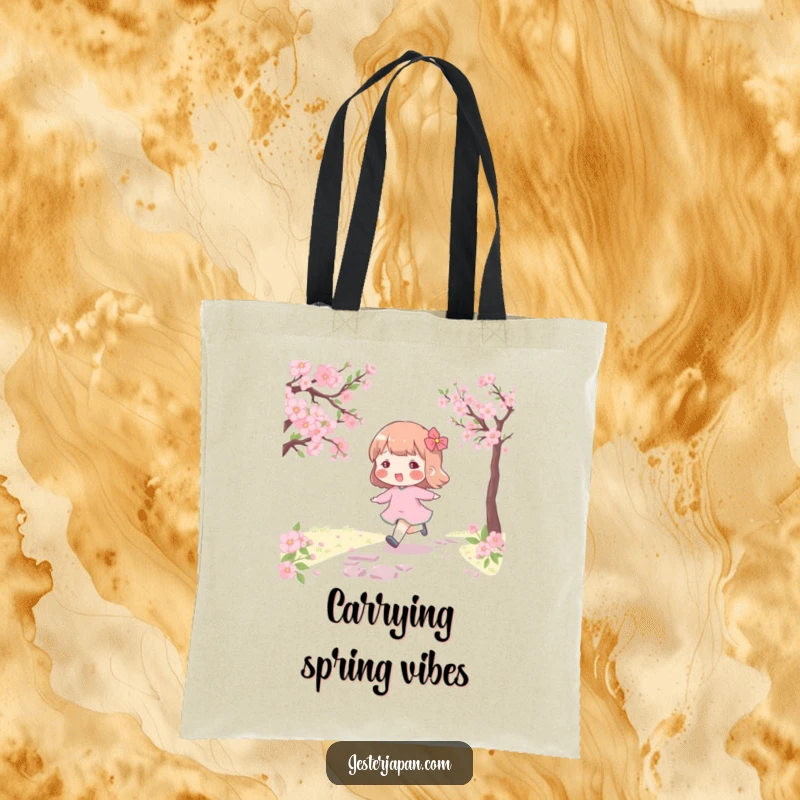 Funny tote bag with a character with rosy cheeks skipping along a cherry blossom path, perfect for cheerful outings.