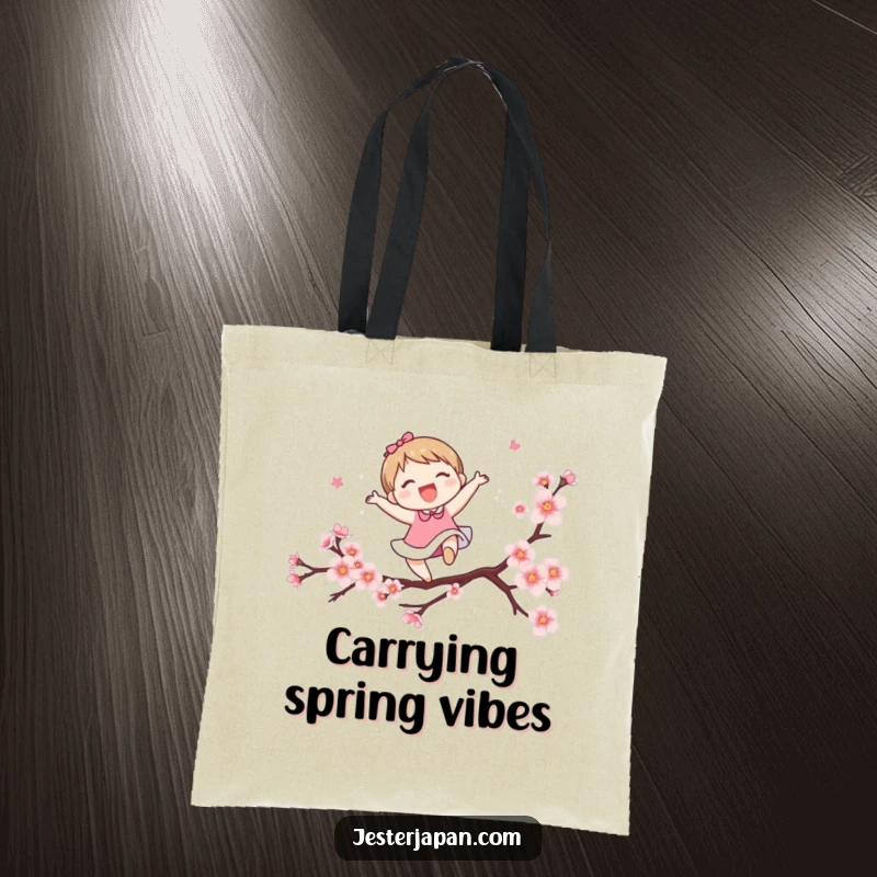 Funny tote bag depicting a cute character leaping over a stylized cherry blossom branch. Great for carrying essentials with a cheerful, spring vibe.