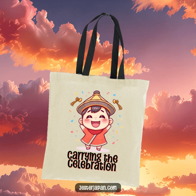 Funny Tote Bag: Tiny character with a huge grin, wearing a traditional hat, excitedly throwing colorful confetti.