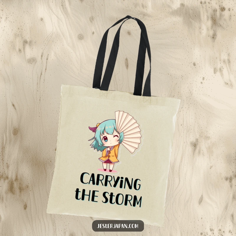 Funny Giant Fan Tote Bag: Small character dramatically creating a gust of wind with a giant fan, perfect for carrying essentials with a theatrical touch.