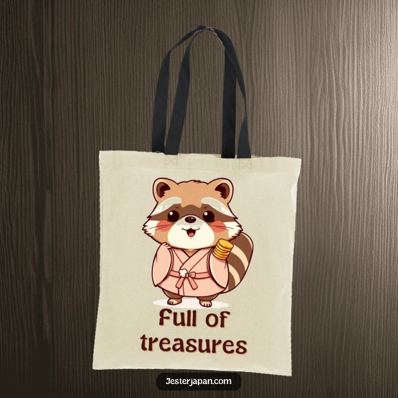 Funny Tanuki Kimono Tote Bag showing a playful raccoon dog in a kimono, laden with stacks of gold coins.