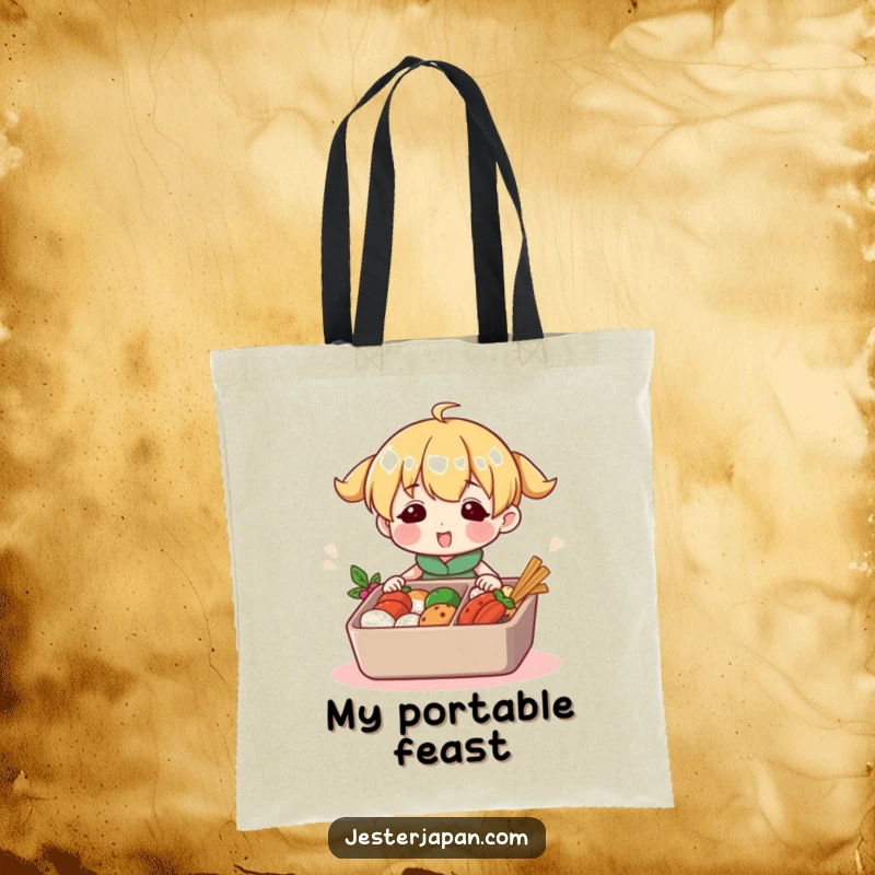 Funny tote bag depicting a happy character busily packing a colorful bento box. Great for carrying meals with a fun, organized flair.