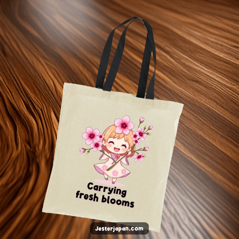 Funny Character Tote Bag: A joyful character spinning with cherry blossoms, perfect for carrying spring happiness.