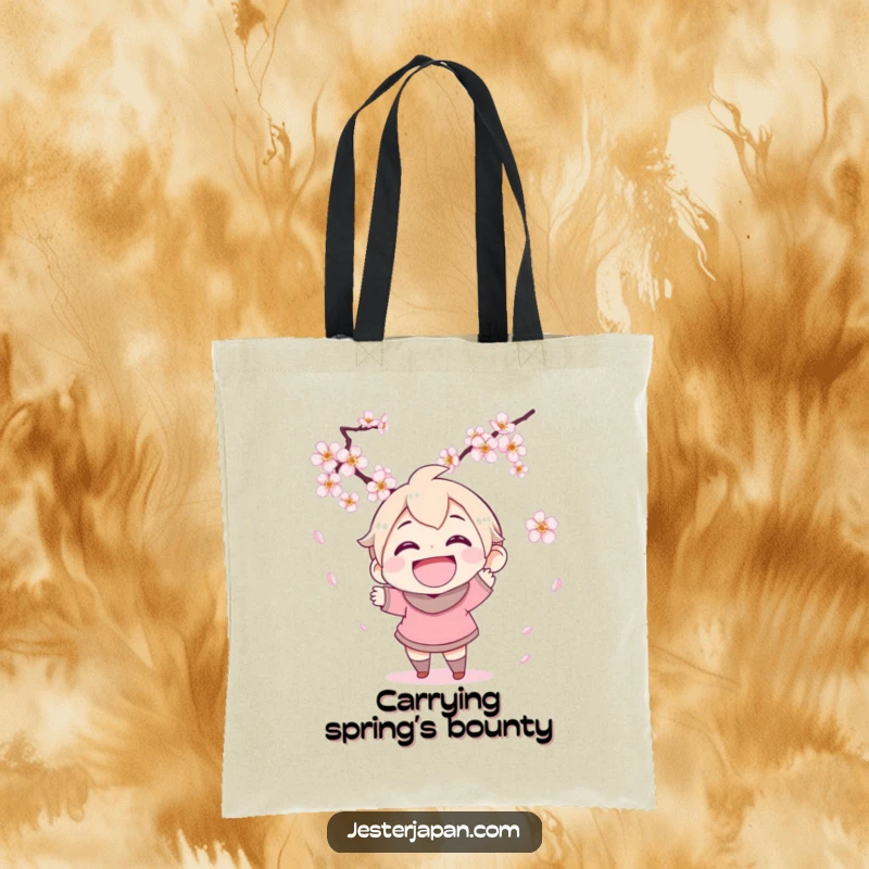 Funny tote bag showcasing a character with a wide grin joyfully attempting to catch falling cherry blossoms, perfect for spring adventures.