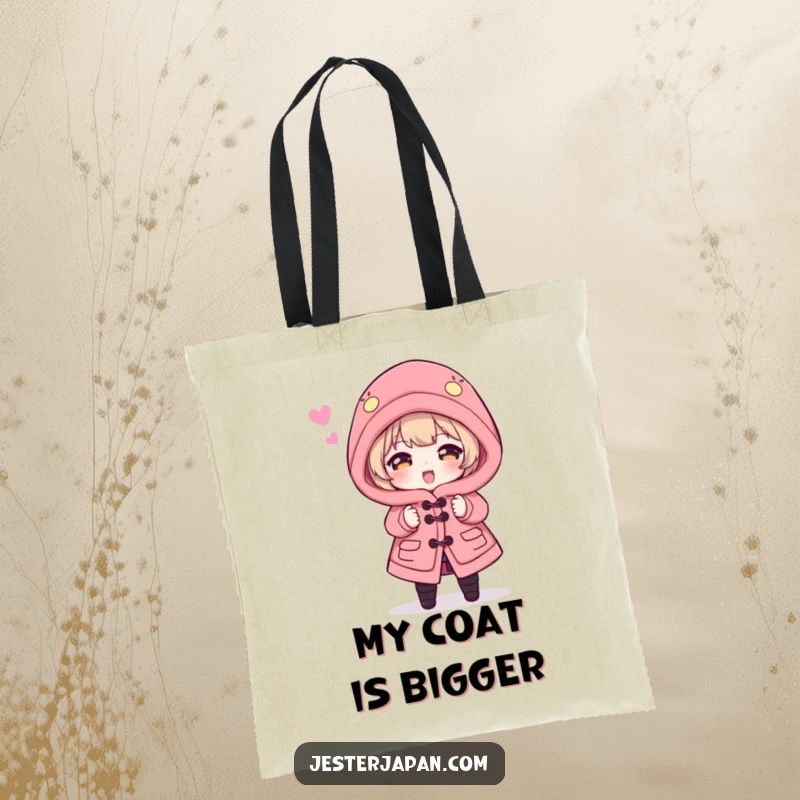 Funny Tote Bag: Character hilariously engulfed by a dramatically oversized Happi coat, perfect for carrying items and spreading laughs.