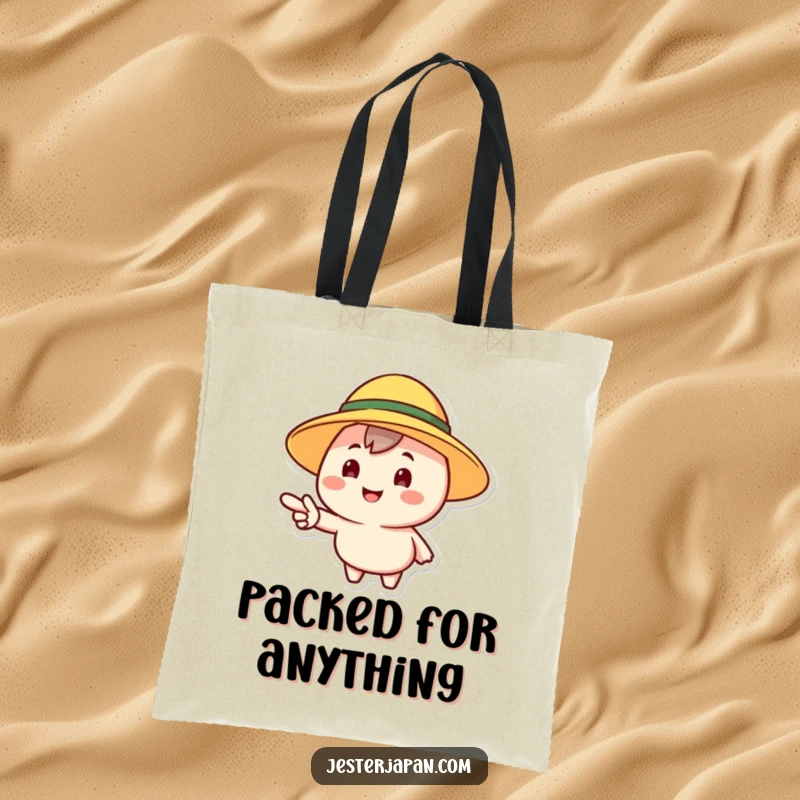 Funny tote bag with a cheerful character in a sun hat pointing forward, ready for any adventure or errand.