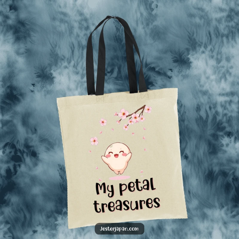 Funny Kawaii tote bag featuring a small, round character joyfully catching falling cherry blossoms, a practical and charming accessory.